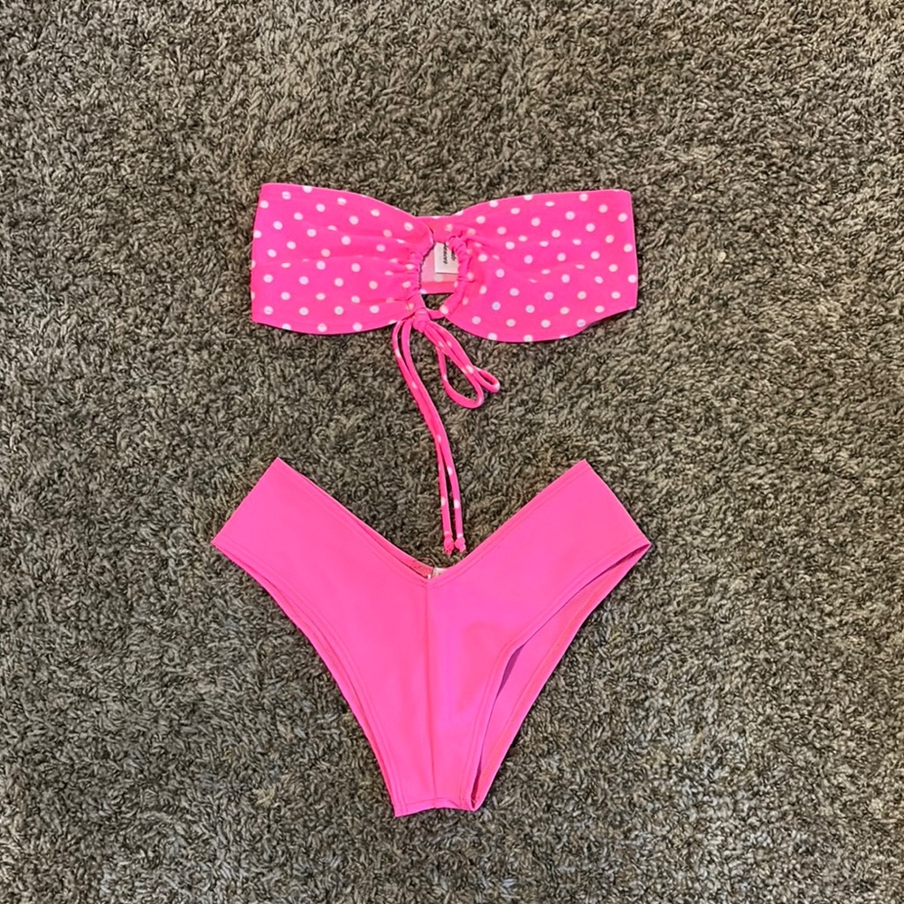 Frankie's Bikinis Neon Pink Polka Dot Bandeau & High-Cut Bottoms